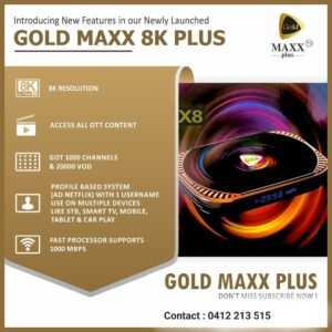 MAXX TV GOLD 8K PLUS (INDIAN TV BOX / SET-TOP BOX with 2 years Subscription and 1-year hardware warranty included.)